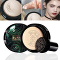 Cosmetic compact with green and black design, showing close-up of powder and a model wearing it.