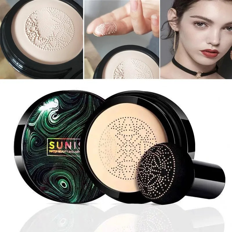 Cosmetic compact with green and black design, showing close-up of powder and a model wearing it.