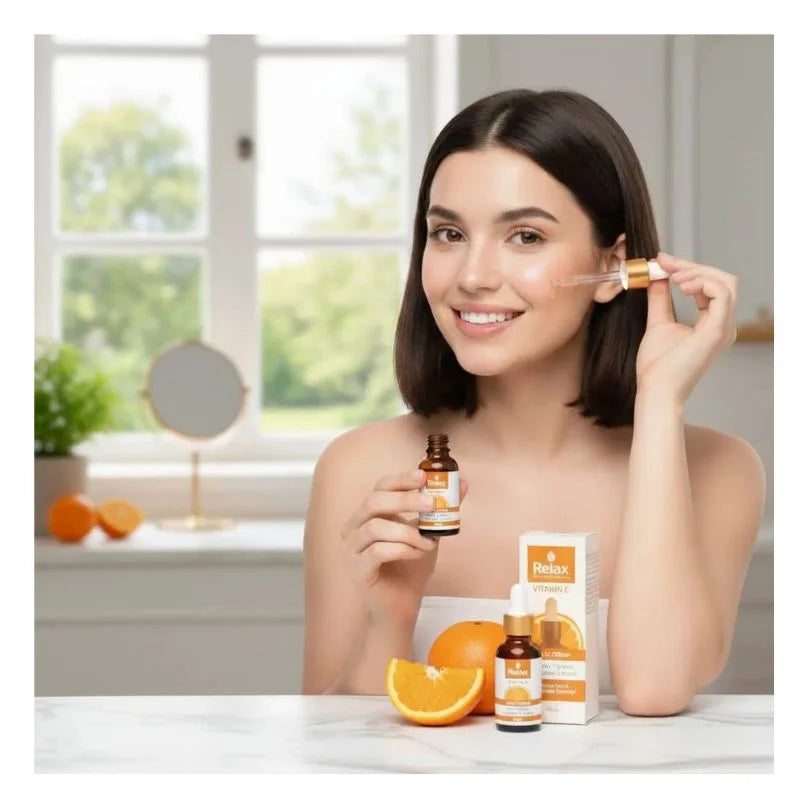 Woman applying a cosmetic product with oranges and boxes in the background