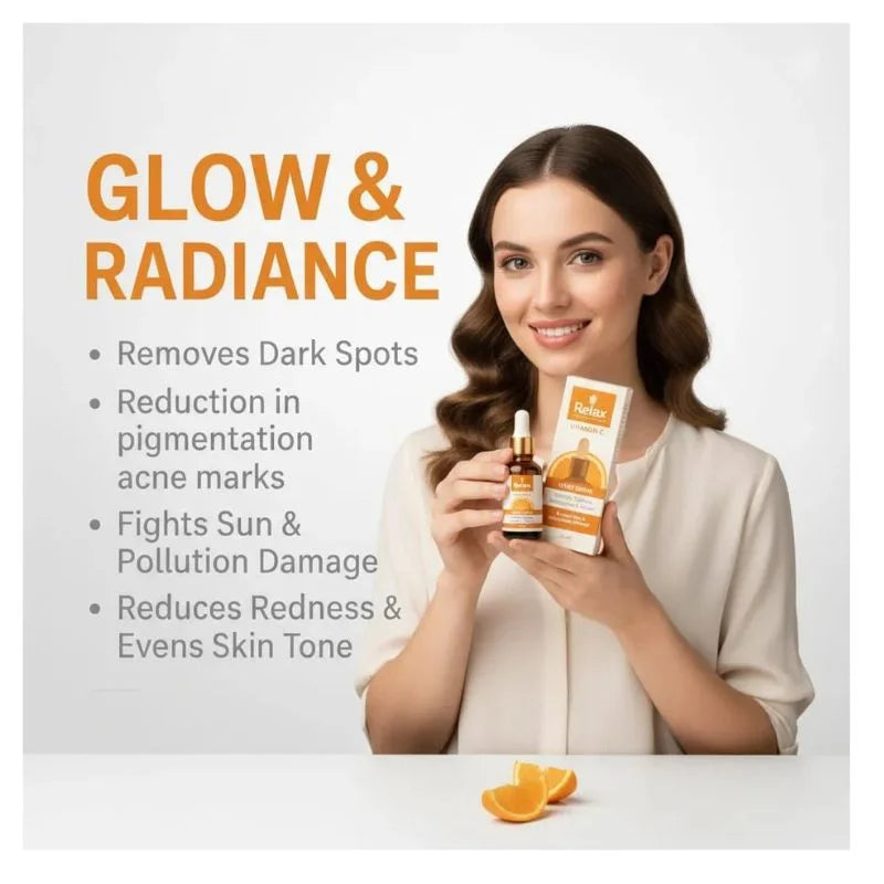 Woman holding skincare products with text about product benefits on a light background